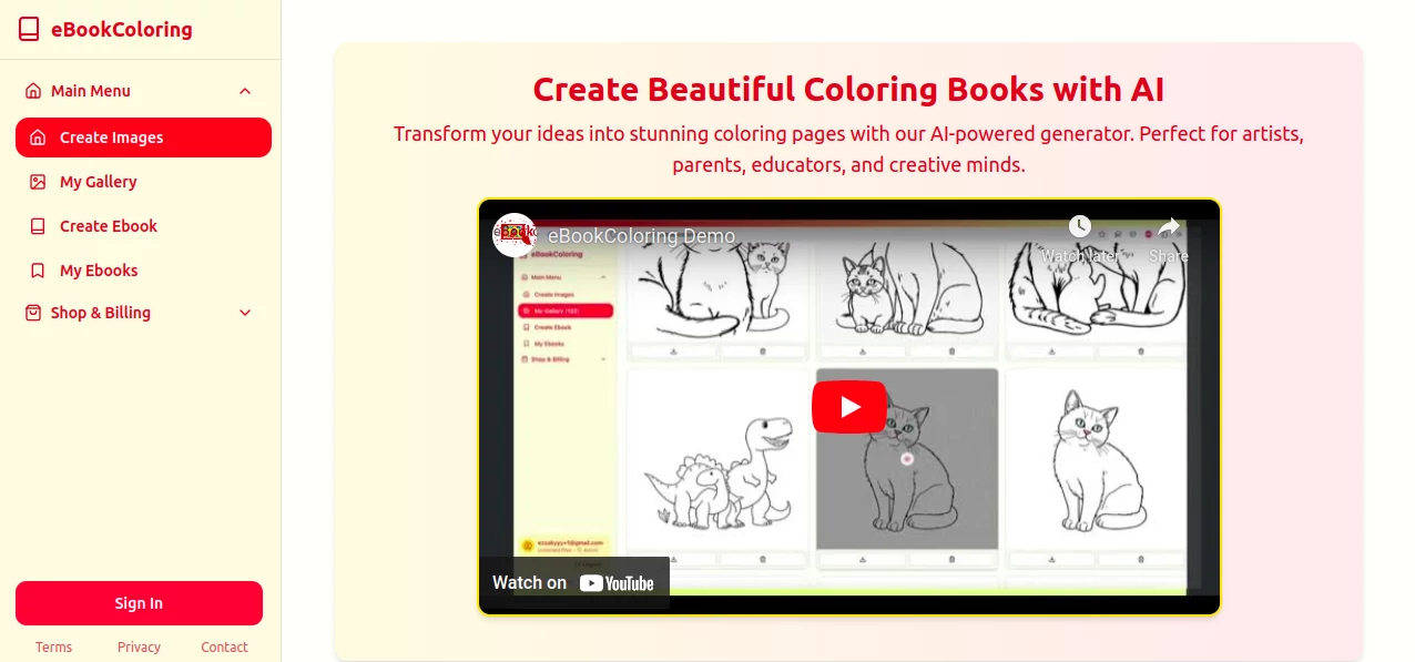 Screenshot of eBookColoring – An AI tool in the ,AI Photo & Image Generator ,AI Illustration Generator ,AI Art Generator  category, showcasing its interface and key features.
