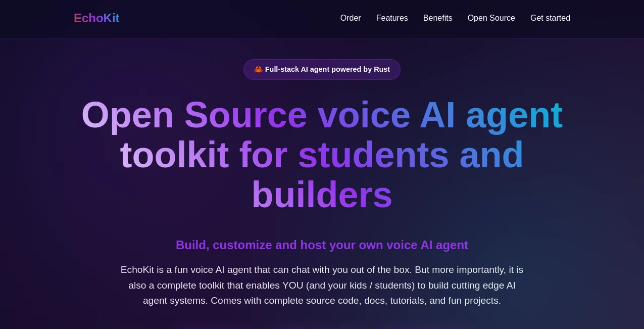 Screenshot of EchoKit – An AI tool in the ,AI Developer Tools ,AI Voice Cloning ,AI Speech Synthesis ,AI Voice Assistants  category, showcasing its interface and key features.