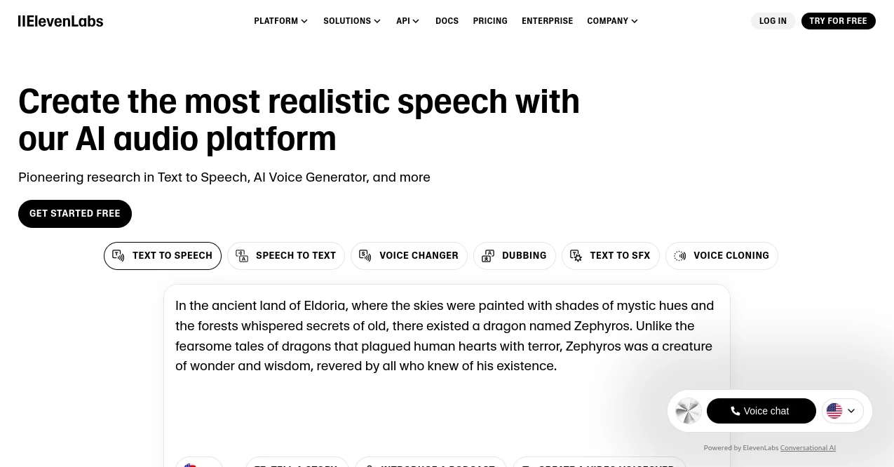 Screenshot of ElevenLabs – An AI tool in the ,AI Voice Cloning ,AI Celebrity Voice Generator ,AI Text to Speech ,AI Speech Synthesis  category, showcasing its interface and key features.