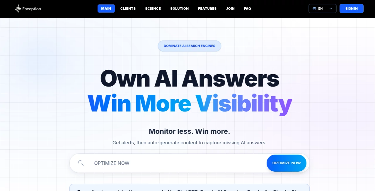 Screenshot of Enception – An AI tool in the ,AI Content Generator ,AI Analytics Assistant ,AI SEO Assistant ,AI Marketing Plan Generator  category, showcasing its interface and key features.