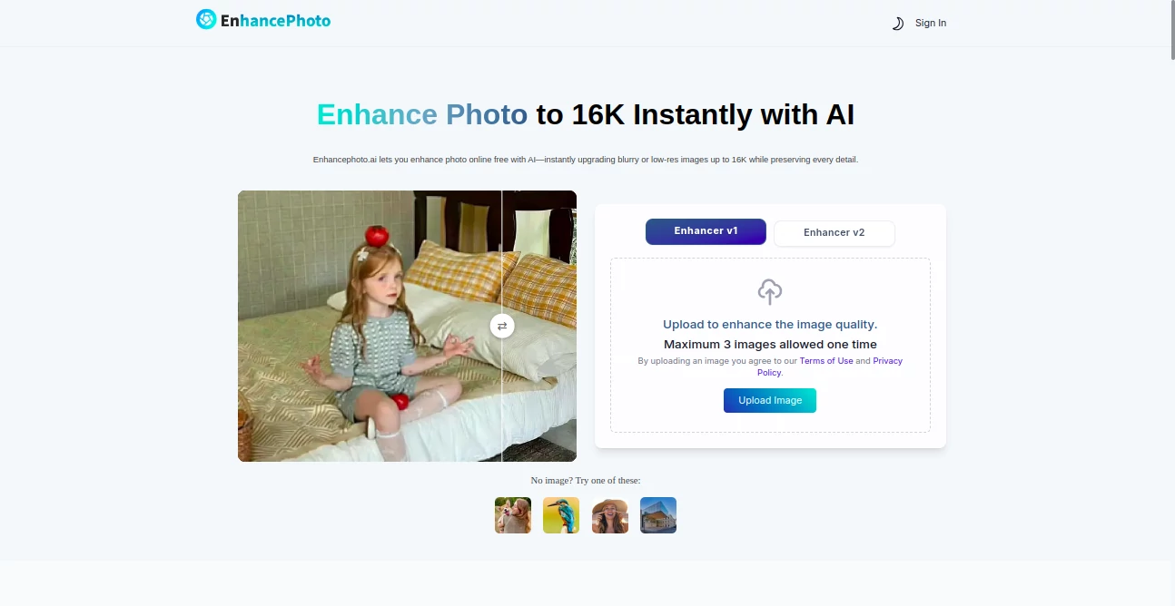 Screenshot of Enhance Photo – An AI tool in the ,Photo & Image Editor ,AI Photo Enhancer ,AI Photo Restoration ,AI Image to Image  category, showcasing its interface and key features.