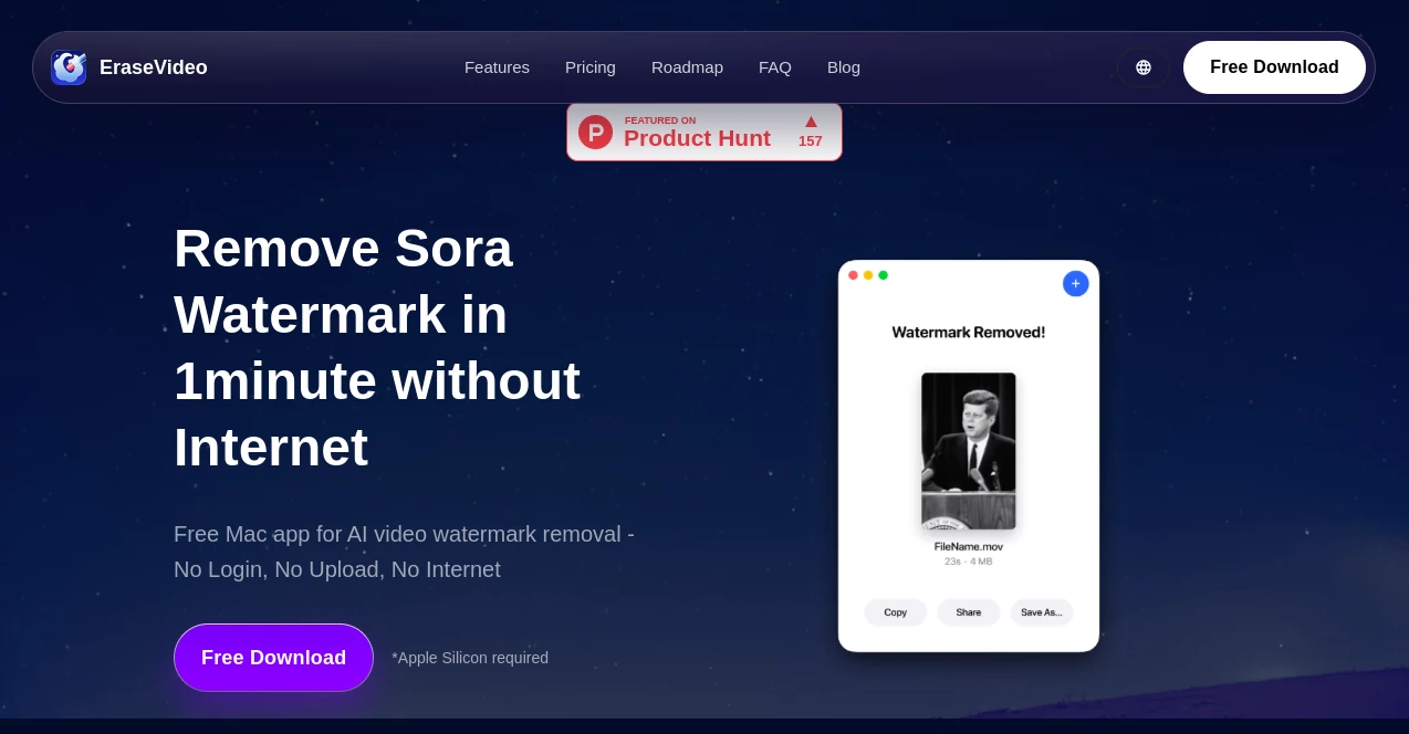 Screenshot of EraseVideo – An AI tool in the ,Photo & Image Editor ,AI Video Editor ,AI Video Enhancer ,AI Video to Video  category, showcasing its interface and key features.
