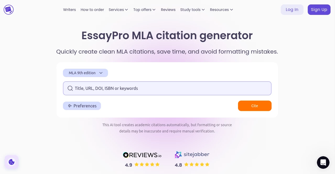 Screenshot of EssayPro MLA citation generator – An AI tool in the ,AI Checker Essay ,AI Plagiarism Checker ,AI Grammar Checker ,AI Content Detector  category, showcasing its interface and key features.