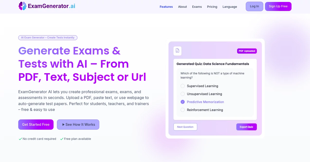 Screenshot of ExamGenerator – An AI tool in the ,AI Tutorial ,AI Course ,AI Quizzes ,AI Education Assistant  category, showcasing its interface and key features.