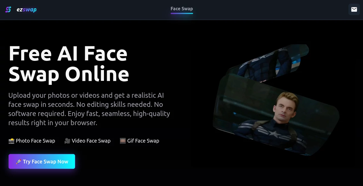 Screenshot of ezswap – An AI tool in the ,Photo & Image Editor ,AI Image to Image ,AI Face Swap Generator ,AI Fun Tools  category, showcasing its interface and key features.