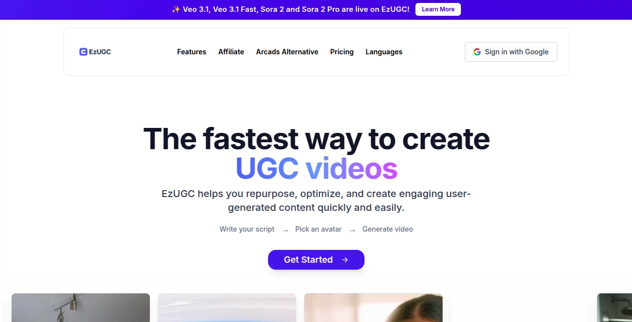 Screenshot of EzUGC – An AI tool in the ,AI UGC Video Generator ,AI Video Generator ,AI Short Clips Generator ,AI Ad Generator  category, showcasing its interface and key features.