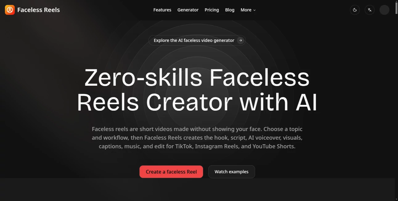 Screenshot of Faceless Reels – An AI tool in the ,AI Animated Video ,AI Image to Video ,AI Video Generator ,AI Text to Video  category, showcasing its interface and key features.