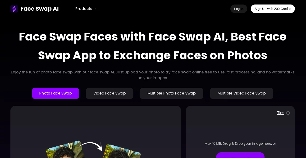 Screenshot of Face Swap AI – An AI tool in the ,Photo & Image Editor ,AI Photo Enhancer ,AI Image to Image ,AI Face Swap Generator  category, showcasing its interface and key features.