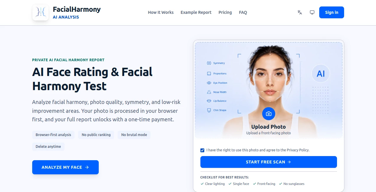 Screenshot of FacialHarmonyAI – An AI tool in the ,AI Photo Enhancer ,AI Photography ,AI Selfie & Portrait ,AI Image Recognition  category, showcasing its interface and key features.