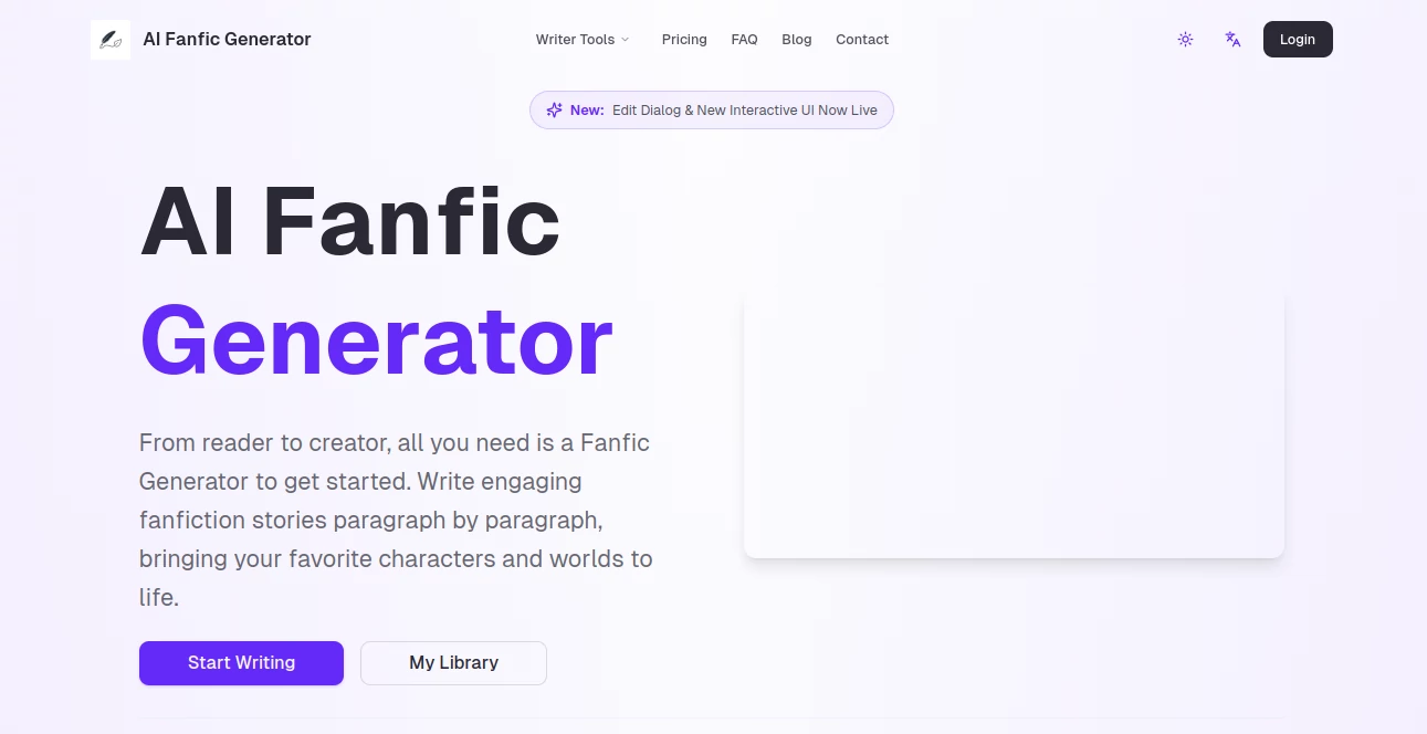 Screenshot of AI Fanfic Generator – An AI tool in the ,AI Creative Writing ,AI Book Writing ,AI Novel ,AI Story Writing  category, showcasing its interface and key features.