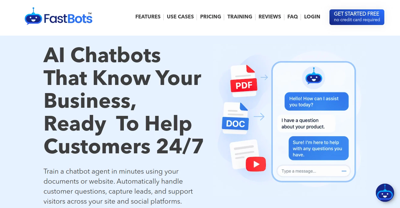 Screenshot of FastBots AI – An AI tool in the ,AI Customer Service Assistant ,AI Lead Generation ,AI Chatbot ,AI Knowledge Base  category, showcasing its interface and key features.