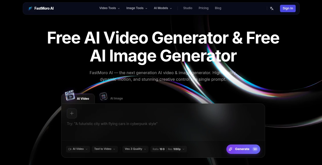 Screenshot of FastMoro AI – An AI tool in the ,AI Image to Video ,AI Art Generator ,AI Video Generator ,AI Text to Video  category, showcasing its interface and key features.