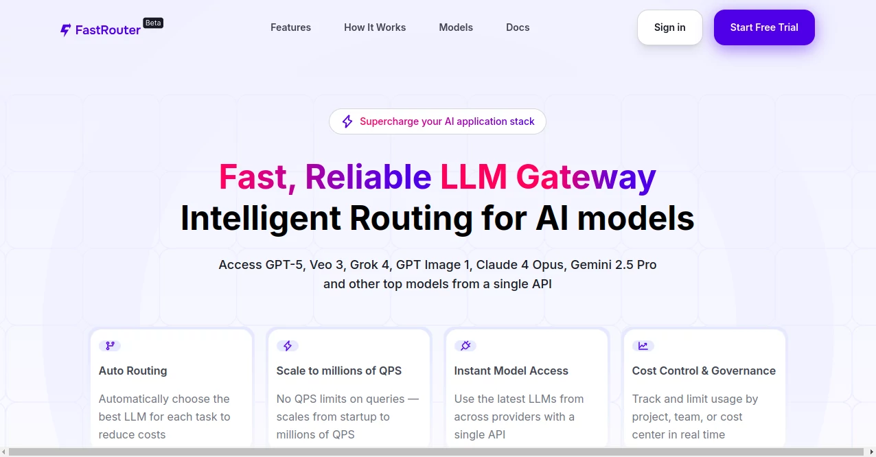 Screenshot of FastRouter – An AI tool in the ,AI Code Assistant ,AI API Design ,AI Developer Tools ,AI Workflow Management  category, showcasing its interface and key features.