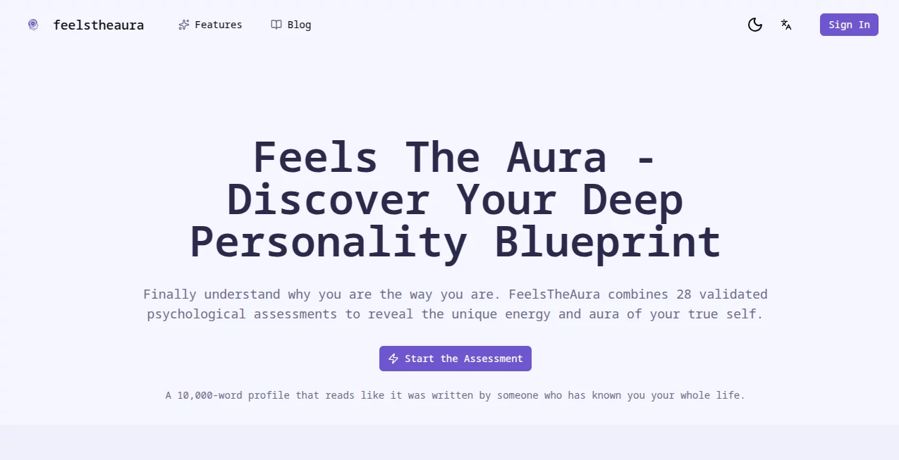 Screenshot of FeelsTheAura – An AI tool in the ,AI Life Assistant ,AI Fun Tools ,AI Mental Health  category, showcasing its interface and key features.