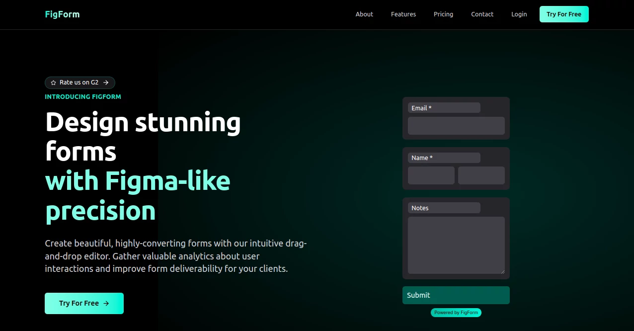 Screenshot of FigForm – An AI tool in the ,AI Landing Page Builder ,AI No-Code & Low-Code ,AI Design Assistant ,AI Forms & Surveys  category, showcasing its interface and key features.