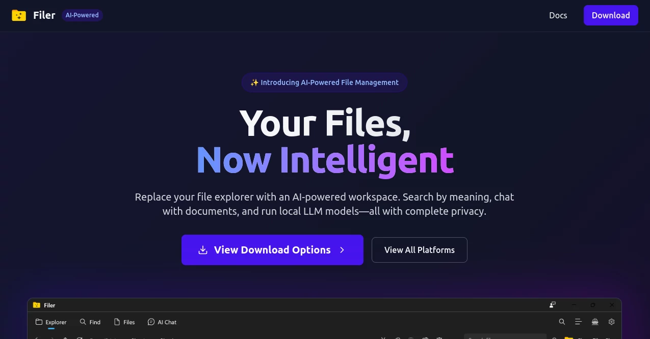 Screenshot of Filer AI – An AI tool in the ,AI Search Engine ,AI Knowledge Management ,AI Documents Assistant ,AI Files Assistant  category, showcasing its interface and key features.