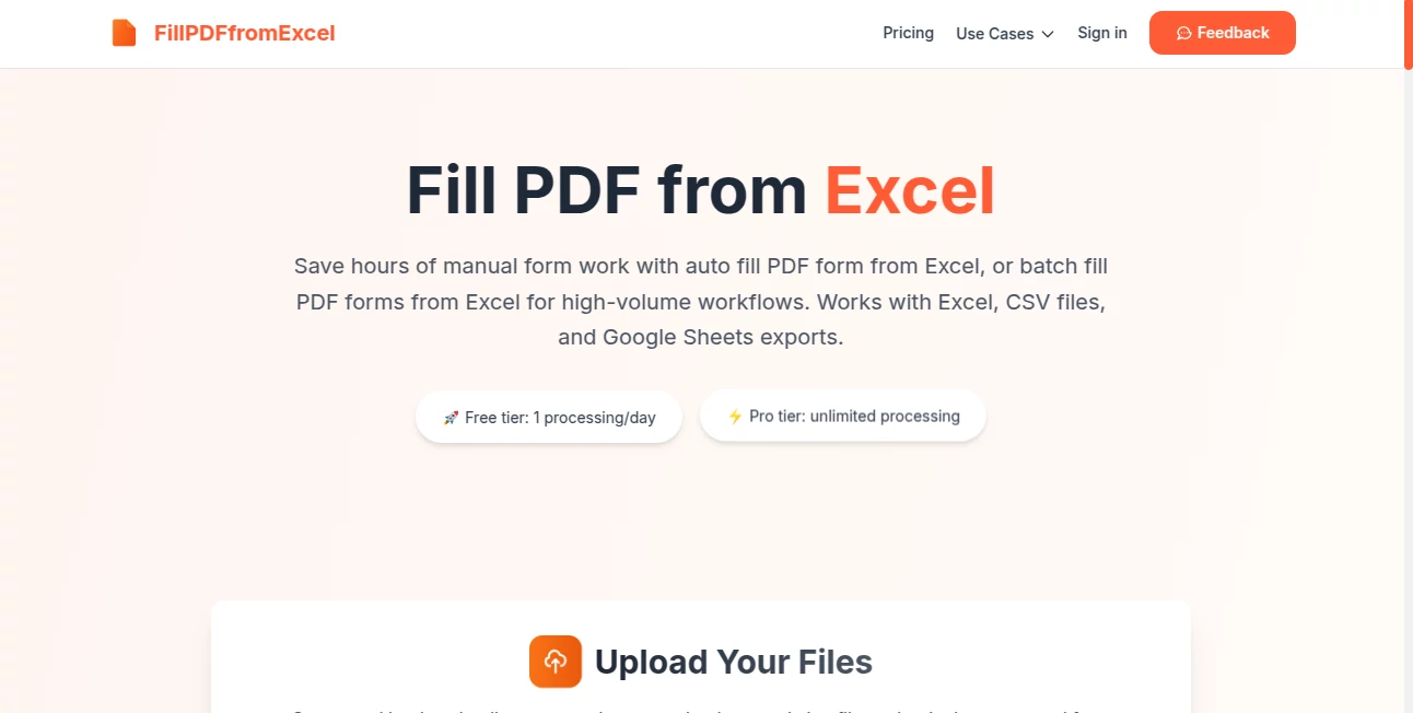 Screenshot of Fill PDF from Excel – An AI tool in the ,AI PDF ,AI Documents Assistant ,AI Forms & Surveys  category, showcasing its interface and key features.