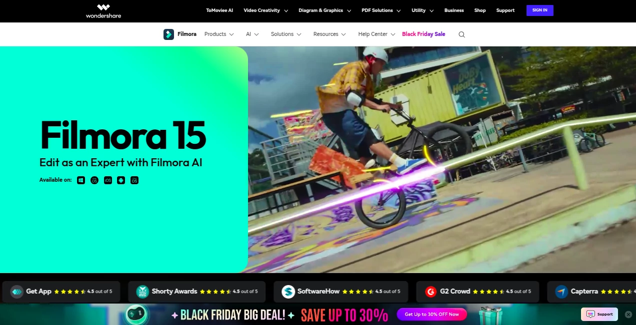 Screenshot of Filmora – An AI tool in the ,AI Animated Video ,AI Video Editor ,AI Video Enhancer ,AI Thumbnail Maker  category, showcasing its interface and key features.