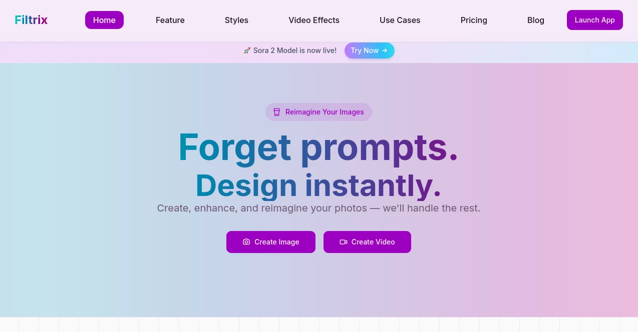 Screenshot of Filtrix – An AI tool in the ,AI Photo & Image Generator ,AI Image to Video ,AI E-commerce Assistant ,AI Design Assistant  category, showcasing its interface and key features.