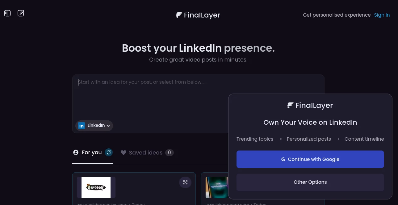 Screenshot of FinalLayer – An AI tool in the ,AI Content Generator ,AI Video Editor ,AI Social Media Assistant  category, showcasing its interface and key features.