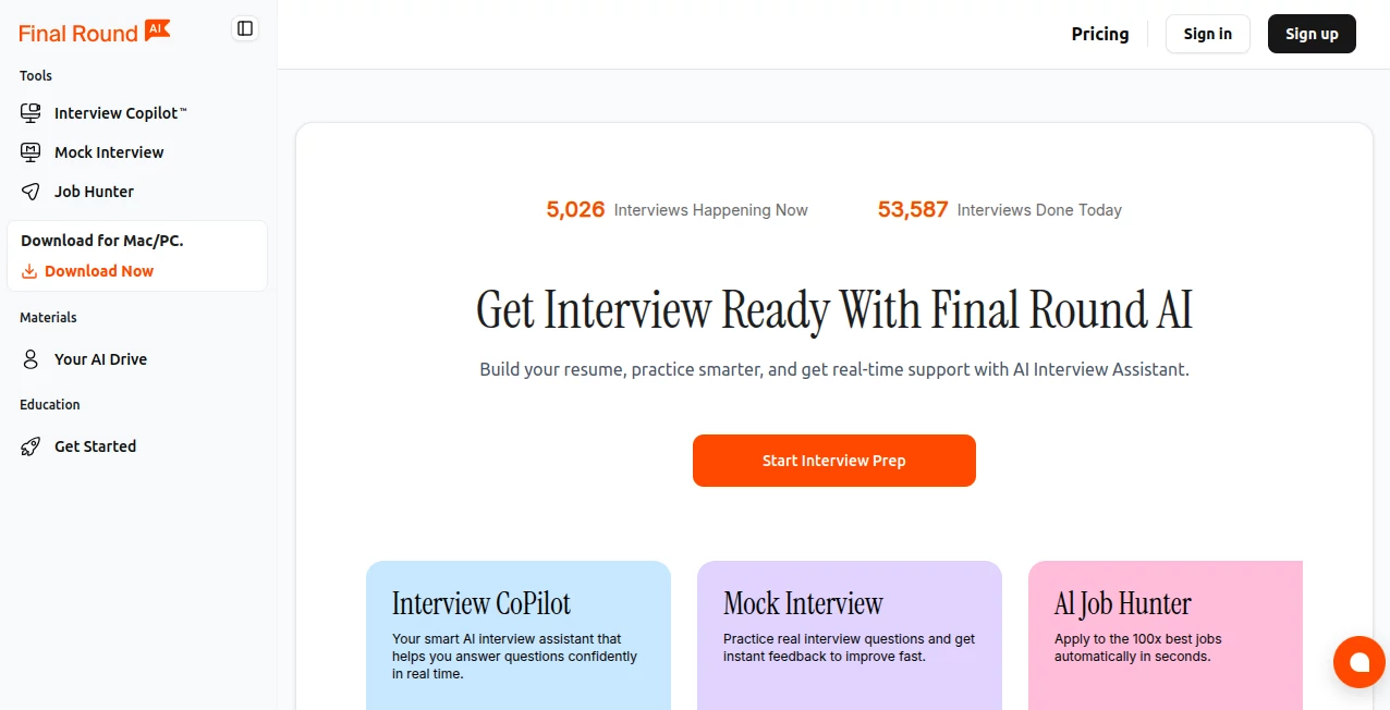 Screenshot of Final Round AI – An AI tool in the ,AI Interview Assistant ,AI Recruiting ,AI Resume Builder ,AI Coaching  category, showcasing its interface and key features.