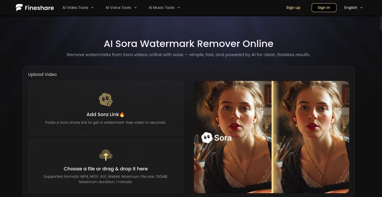 Screenshot of Fineshare Sora Watermark Remover – An AI tool in the ,Photo & Image Editor ,AI Background Remover ,AI Video Editor ,AI Video Enhancer  category, showcasing its interface and key features.