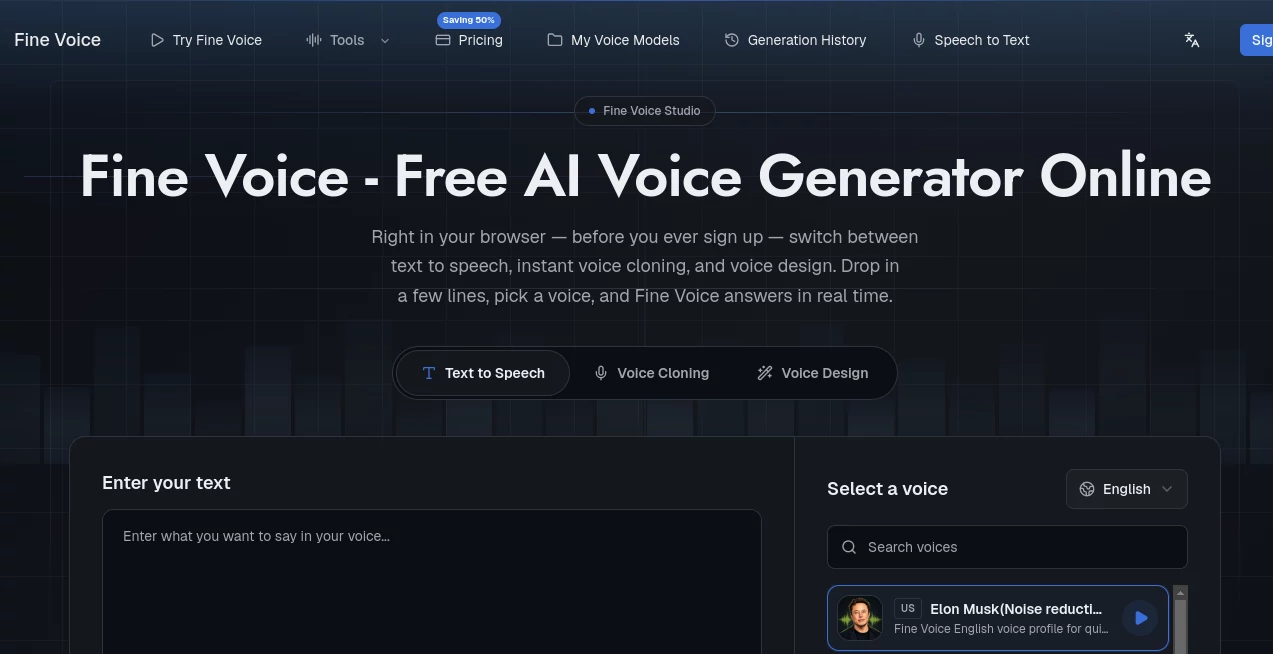 Screenshot of Fine Voice – An AI tool in the ,AI Text to Speech ,AI Speech to Text ,AI Voice Changer ,AI Voice Cloning  category, showcasing its interface and key features.