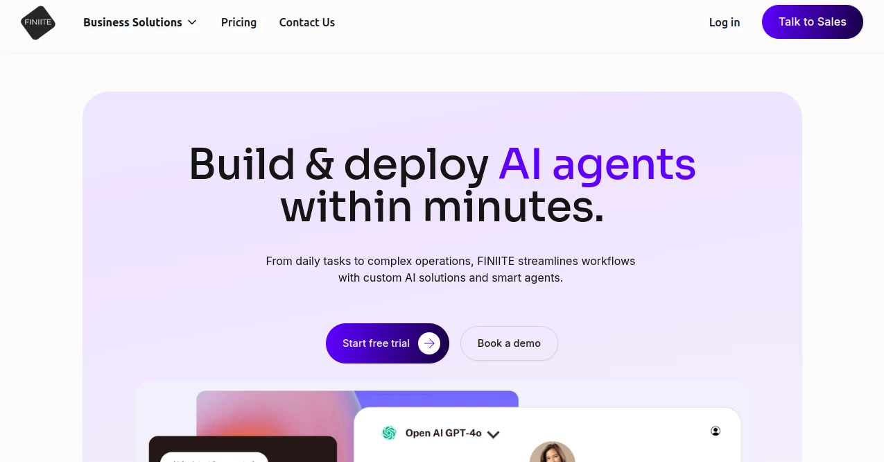 Screenshot of FINIITE AI – An AI tool in the ,AI Customer Service Assistant ,AI Chatbot ,AI Productivity Tools ,AI Workflow Management  category, showcasing its interface and key features.