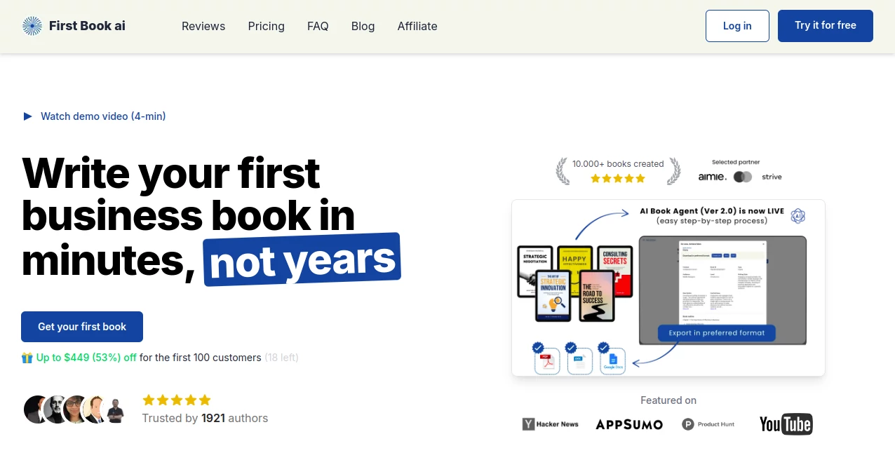 Screenshot of First Book ai – An AI tool in the ,AI Book Writing ,AI General Writing ,AI Writing Assistants ,AI Content Generator  category, showcasing its interface and key features.