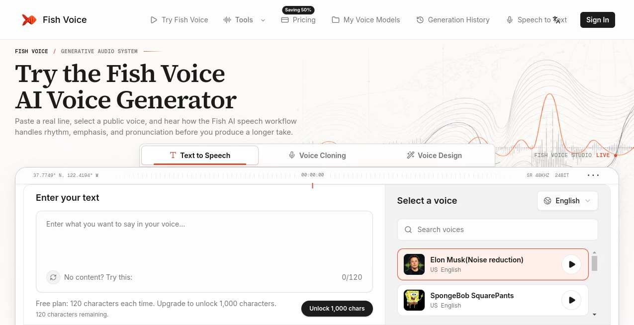 Screenshot of Fish Voice – An AI tool in the ,AI Voice Cloning ,AI Speech Recognition ,AI Text to Speech ,AI Voice & Audio Editing  category, showcasing its interface and key features.
