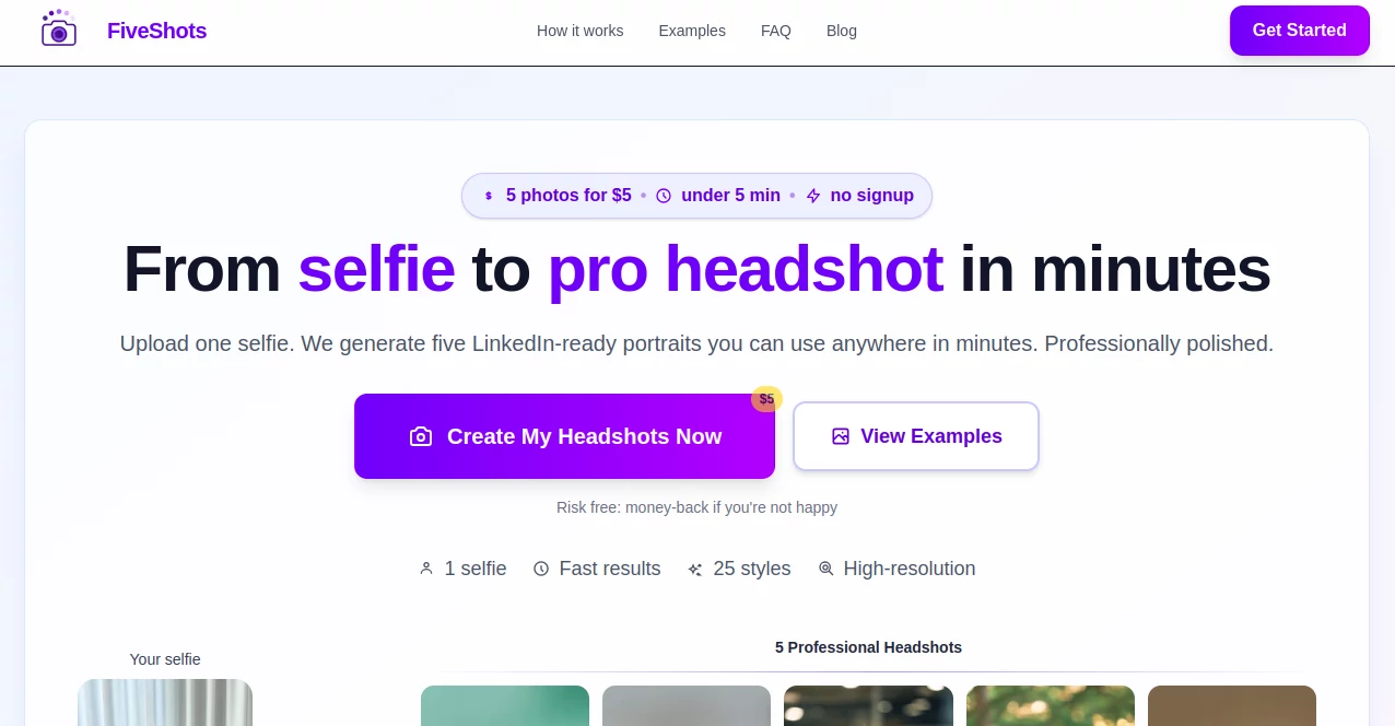 Screenshot of FiveShots – An AI tool in the ,AI Photo Enhancer  category, showcasing its interface and key features.
