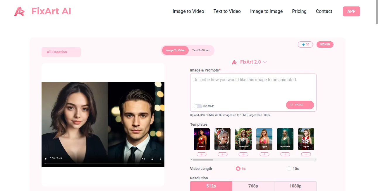 Screenshot of FixArt AI – An AI tool in the ,AI Text to Image ,AI Image to Video ,AI Text to Video ,AI Video Generator  category, showcasing its interface and key features.