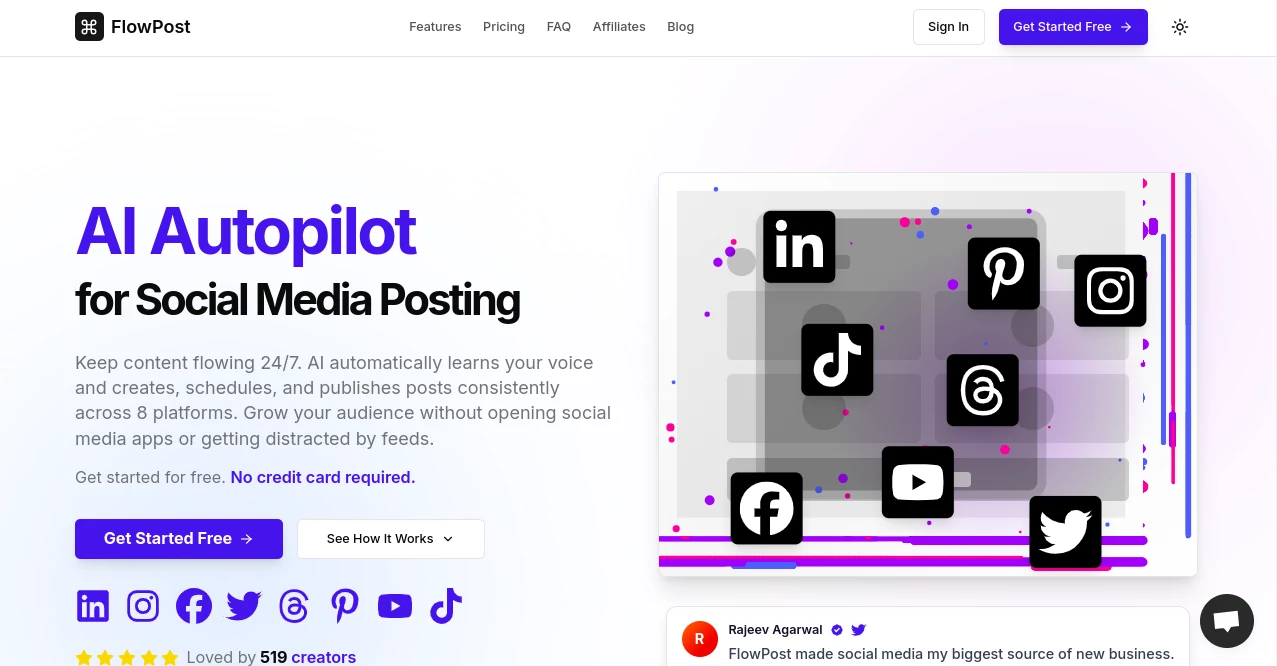 Screenshot of FlowPost AI – An AI tool in the ,AI Social Media Assistant  category, showcasing its interface and key features.