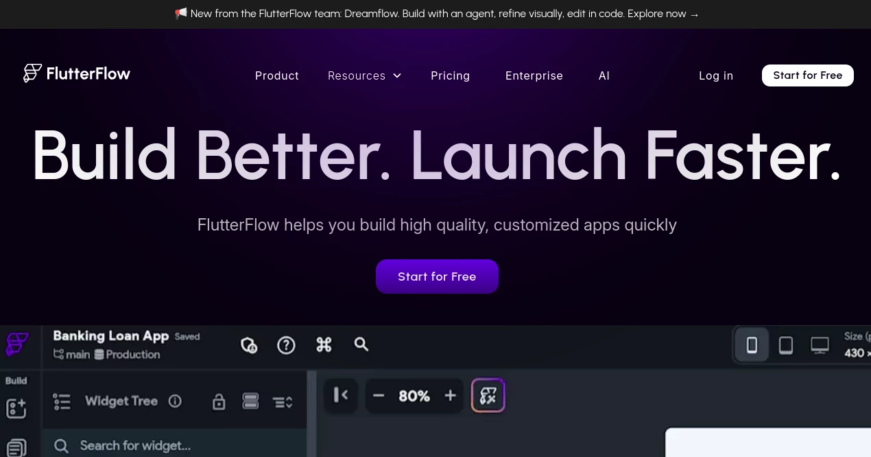 Screenshot of FlutterFlow – An AI tool in the ,AI No-Code & Low-Code ,AI App Builder  category, showcasing its interface and key features.