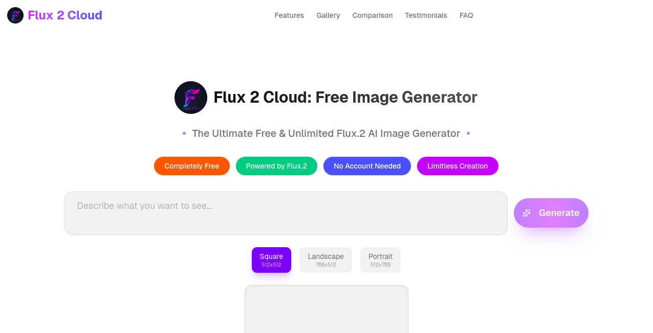 Screenshot of Flux 2 Cloud – An AI tool in the ,AI Text to Image ,AI Photo & Image Generator ,AI Art Generator ,AI Design Generator  category, showcasing its interface and key features.