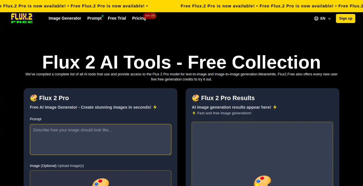 Screenshot of Flux 2 AI Tools – An AI tool in the ,AI Text to Image ,AI Photo & Image Generator ,AI Image to Image ,AI Art Generator  category, showcasing its interface and key features.