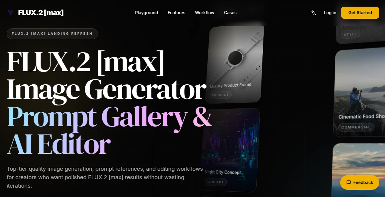 Screenshot of FLUX.2 [max] Image Generator – An AI tool in the ,AI Photo & Image Generator ,AI Art Generator ,AI Design Generator ,AI Text to Image  category, showcasing its interface and key features.