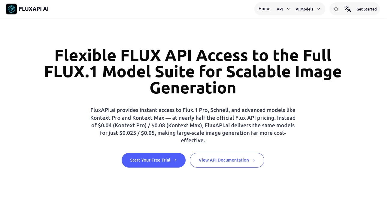 Screenshot of FLUXAPI AI – An AI tool in the ,AI Text to Image ,AI Photo & Image Generator ,AI Image to Image ,AI API Design  category, showcasing its interface and key features.