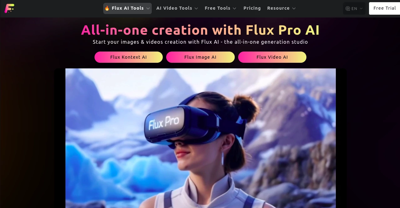 Screenshot of Flux Pro AI – An AI tool in the ,AI Photo & Image Generator ,Photo & Image Editor ,AI Video Generator ,AI Art Generator  category, showcasing its interface and key features.