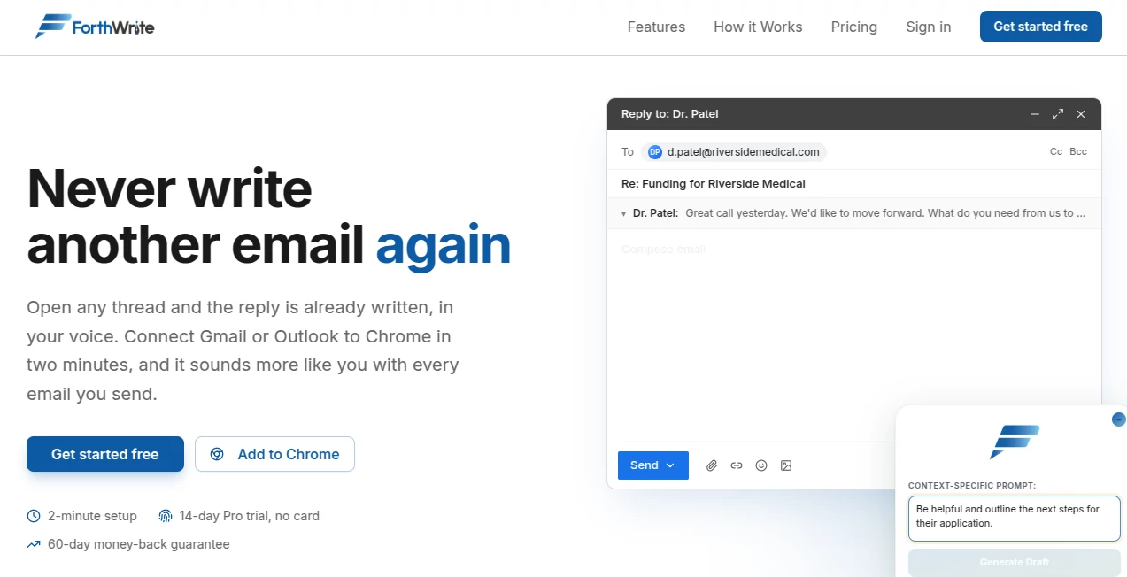 Screenshot of ForthWrite – An AI tool in the ,AI Writing Assistants ,AI Email Writer ,AI Email Assistant ,AI Productivity Tools  category, showcasing its interface and key features.