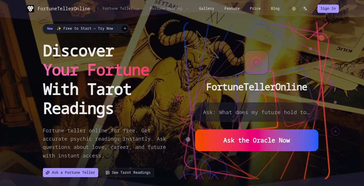 Screenshot of FortuneTellerOnline – An AI tool in the ,AI Fun Tools ,AI Life Assistant ,AI Character ,AI Chatbot  category, showcasing its interface and key features.