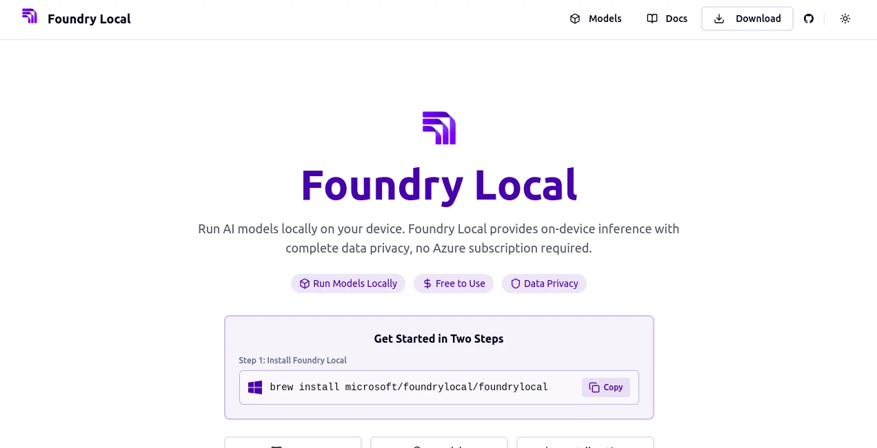Screenshot of Foundry Local – An AI tool in the ,AI No-Code & Low-Code ,AI API Design ,AI Developer Tools ,AI Workflow Management  category, showcasing its interface and key features.
