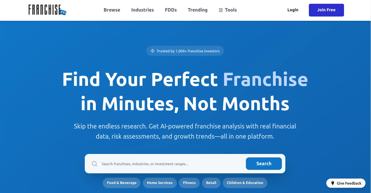 Screenshot of Franchise Fyi – An AI tool in the ,AI Business Ideas Generator  category, showcasing its interface and key features.