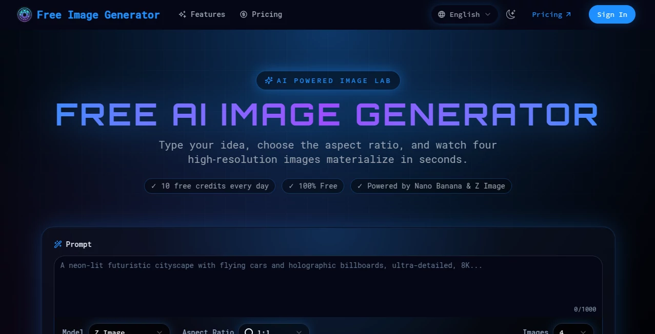 Screenshot of Free Image Generator – An AI tool in the ,AI Text to Image ,AI Photo & Image Generator ,AI Art Generator ,AI Design Generator  category, showcasing its interface and key features.