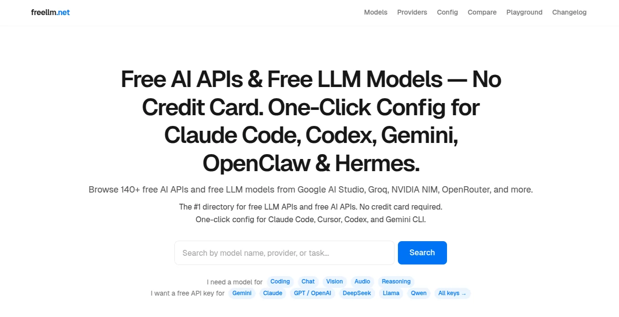 Screenshot of freellm.net – An AI tool in the ,AI No-Code & Low-Code ,AI Code Assistant ,AI API Design ,AI Developer Tools  category, showcasing its interface and key features.