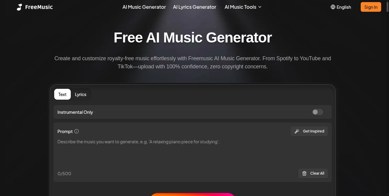 Screenshot of Free AI Music Generator – An AI tool in the ,AI Lyrics Generator ,AI Music Generator ,AI Voice Changer ,AI Text to Music  category, showcasing its interface and key features.