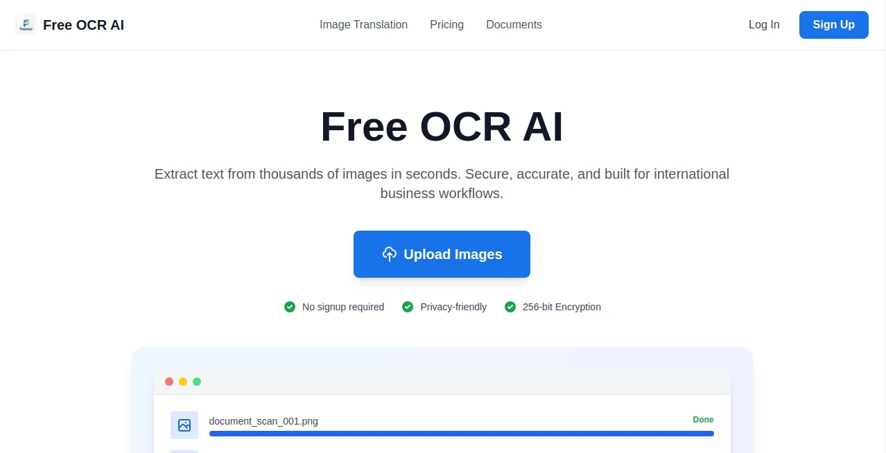 Screenshot of Free OCR AI – An AI tool in the ,AI Transcriber ,AI Document Extraction ,AI Documents Assistant ,AI Files Assistant  category, showcasing its interface and key features.