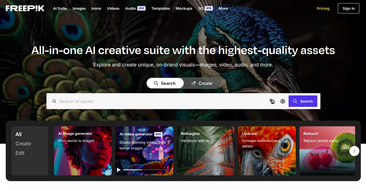 Screenshot of Freepik – An AI tool in the ,AI Graphic Design ,AI Design Generator ,AI Art Generator ,AI Wallpaper Generator ,AI Photo Enhancer ,Photo & Image Editor ,AI Banner Generator ,AI Background Generator ,AI Illustration Generator ,AI Photo & Image Generator ,AI Text to Image  category, showcasing its interface and key features.