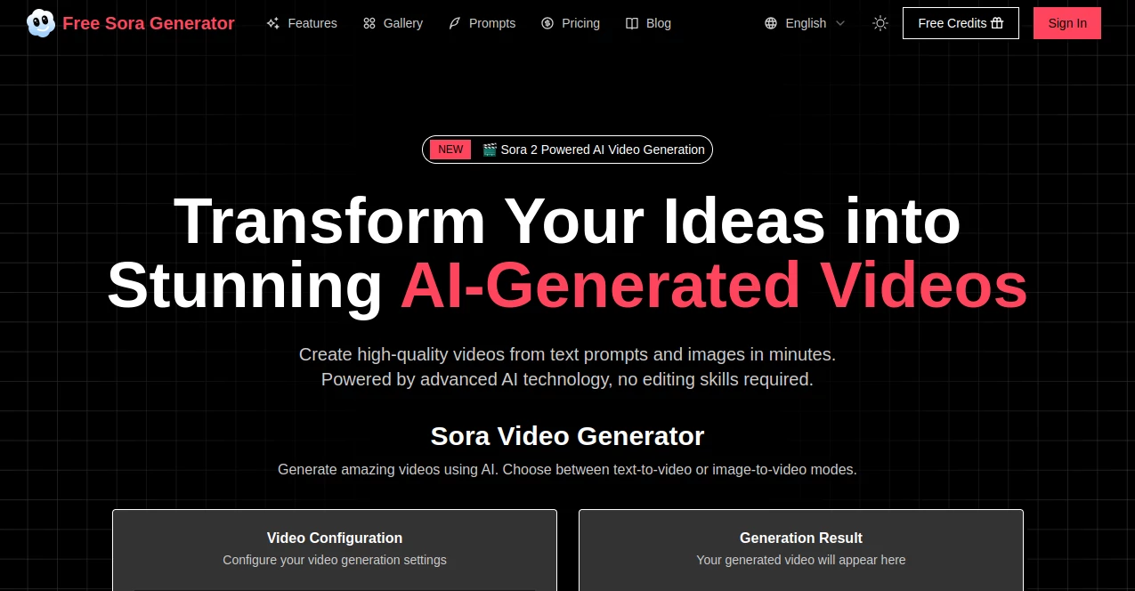 Screenshot of Free Sora Generator – An AI tool in the ,AI Animated Video ,AI Image to Video ,AI Text to Video ,AI Video Generator  category, showcasing its interface and key features.