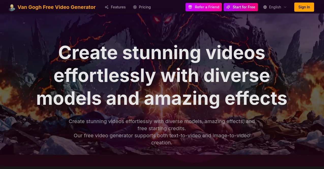 Screenshot of Van Gogh Free Video Generator – An AI tool in the ,AI Animated Video ,AI Image to Video ,AI Text to Video ,AI Video Generator  category, showcasing its interface and key features.